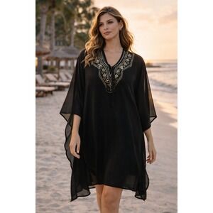 Miraclesuit Beaded Caftan Swim Cover Up Sheer Black‎ V Neck Large
